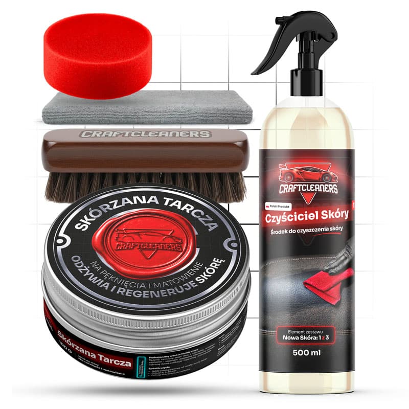 Kompletny Zestaw do Skóry 5 elementowy:  Wyczyszczenie + Ochrona i nawilżenie skóry (Skórzana Tarcza, Czyściel Skóry, Mikrofibra, Aplikator oraz Szczotka Detailingowa do Skóry)